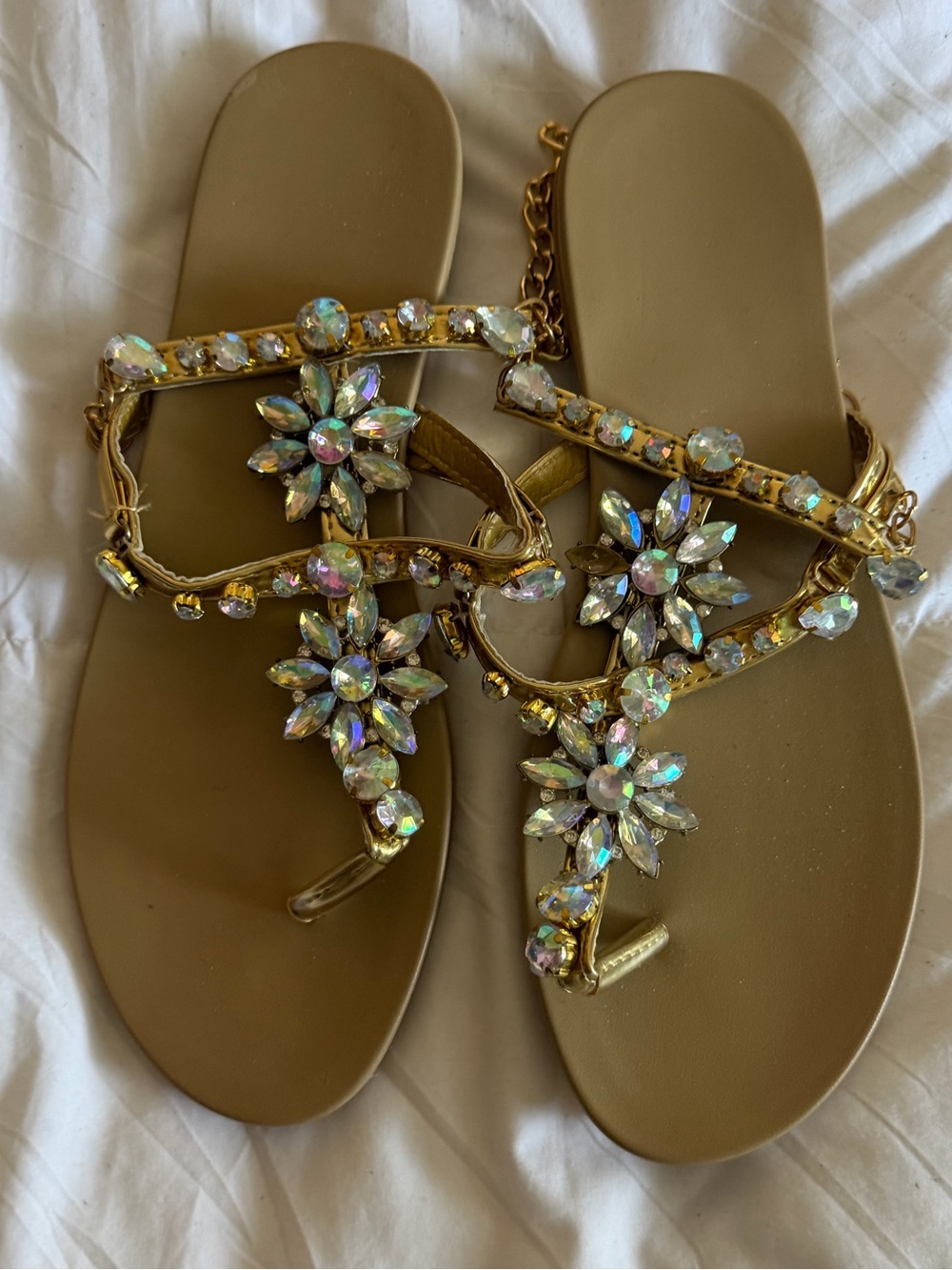 🆕 Jewel T-Strap Sandals Rhinestone Flats - gold